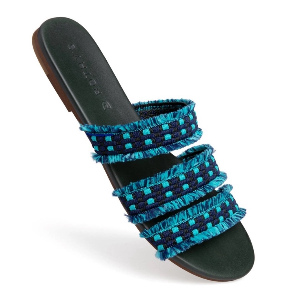 Rothy’s Triple Band Teal/Blue Fringe Sandals Size 10